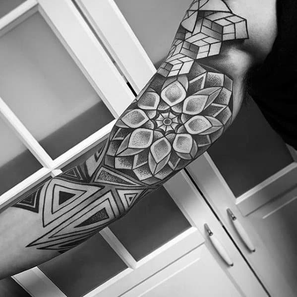 Geometric Dotwork Pattern Half Sleeve Rad Tattoo Design On Man
