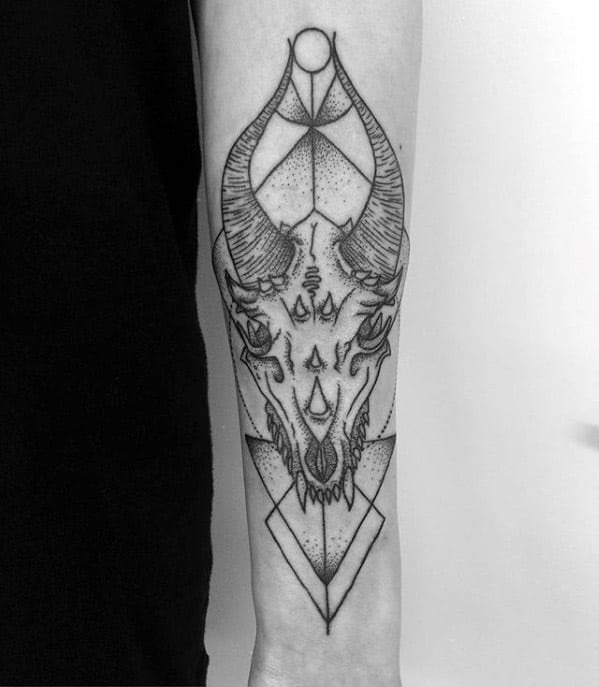 Geometric Dragon Skull Mens Inner Forearm Tattoo Designs