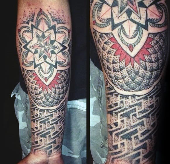 Geometric Flower Maze Tattoo On Mens Inner Forearm
