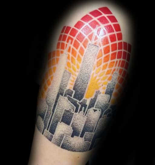 Geometric Flower Skyline Mens Dotwork Quarter Sleeve Tattoos