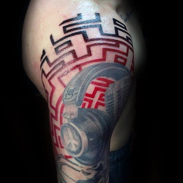 Geometric Half Sleeve Cool Male Headphones Tattoo Designs