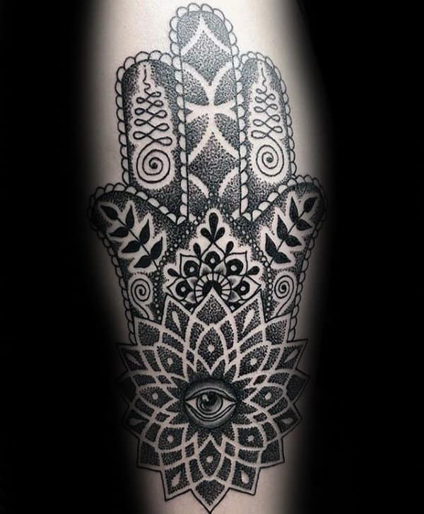 Geometric Hamsa Dotwork Male Leg Tattoo Ideas