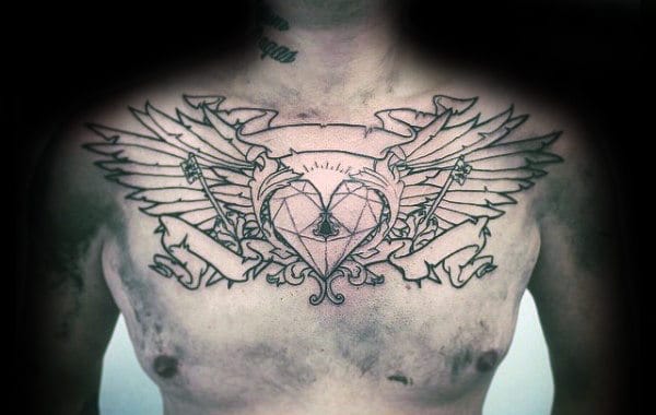 Geometric Heartwith Wings Mens Chest Tattoo