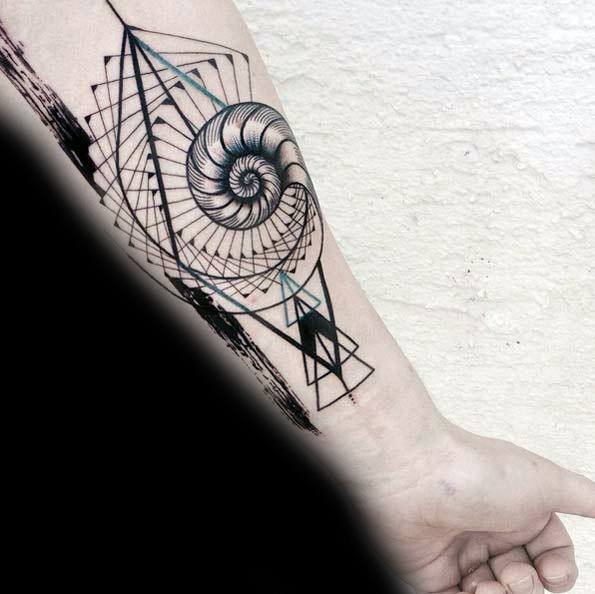 Geometric Inner Forearm Teal And Black Ink Ammonite Male Tattoos