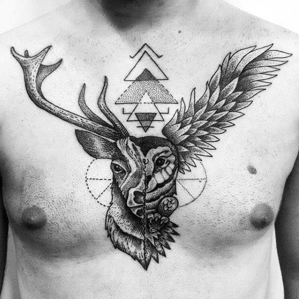 Geometric Insane Mens Deer Chest Tattoos