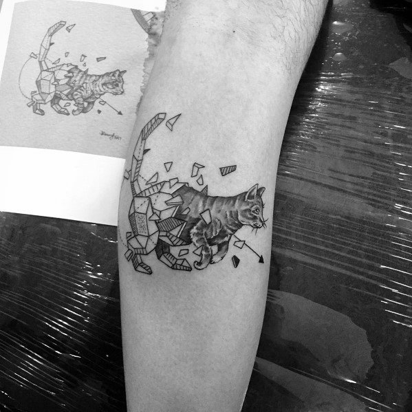 Creative cat tattoo on the forearm, featuring a shattered geometric design blending into realism for a unique and artistic effect.