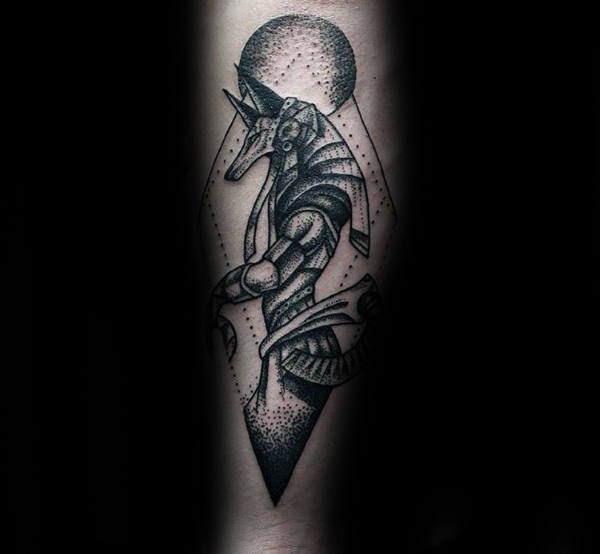 Geometric Male Anubis Forearm Tattoos With Dotwork Design