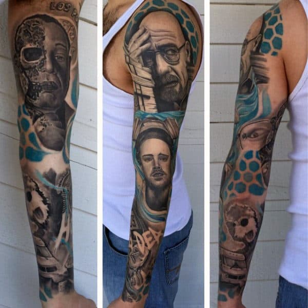 Geometric Mens Blue Ink Breaking Bad Themed Full Sleeve Tattoos