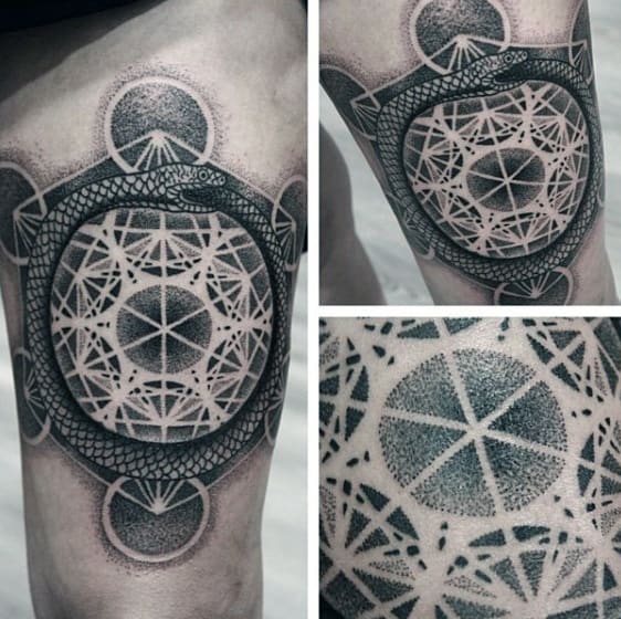 Geometric Mens Dotwork Ouroboros Thigh Tattoos
