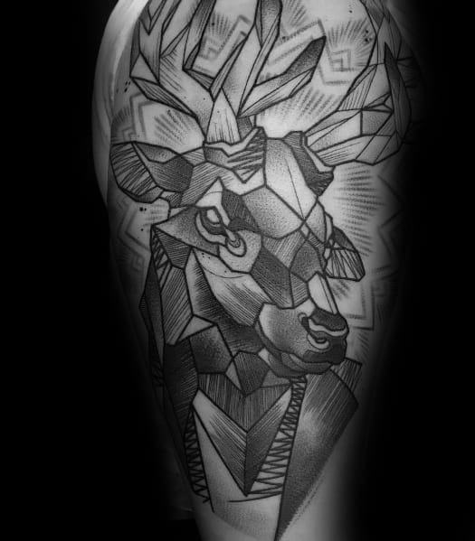 Geometric black and grey elk tattoo on the upper arm, featuring bold angular shapes, intricate shading, and a modern, abstract design.
