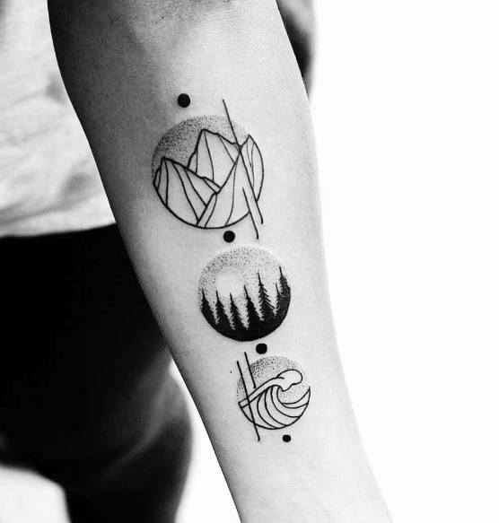 Geometric forearm tattoo with three circular scenes: mountains, forest, and ocean wave, connected by bold black dots.