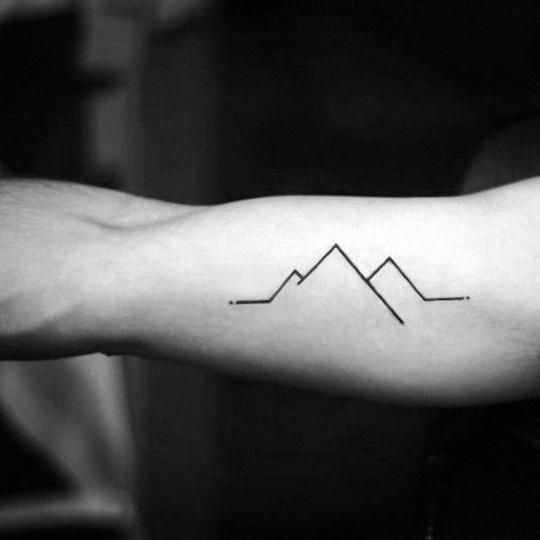 Simple mountain outline tattoo made with clean, straight black lines on the inner forearm for a minimalist look.