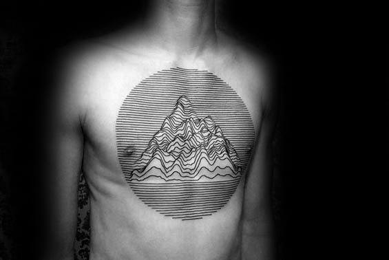 Chest tattoo of mountains formed by continuous horizontal lines within a large circle, creating a topographic and optical illusion effect.