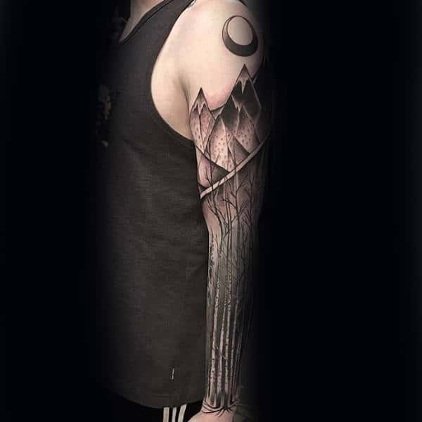 Geometric Mountain Tree Sleeve Tattoo For Guys