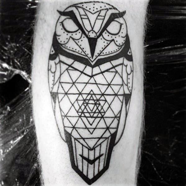 Geometric Owl Guys Leg Calf Black Ink Outline Tattoo Design Ideas