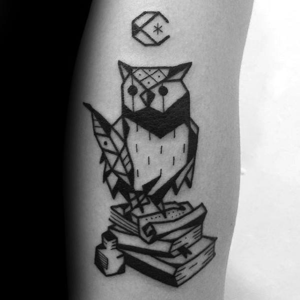 Geometric Owl With Books Coolest Guys Small Arm Tattoo