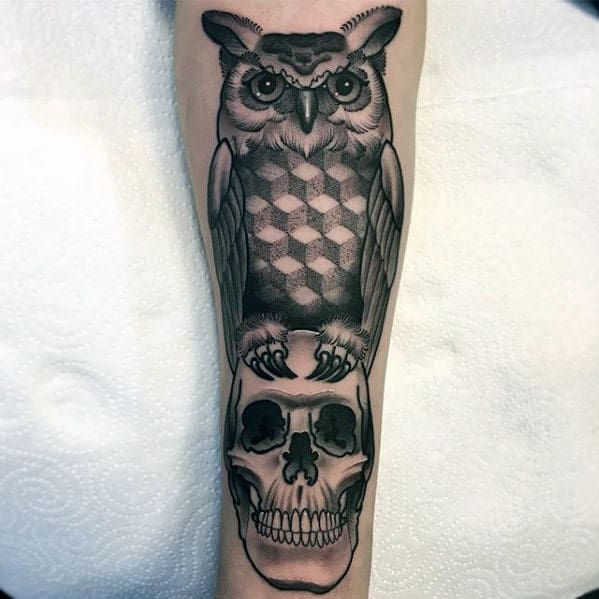 Geometric Owl With Skull Guys Forearm Tattoo Ideas