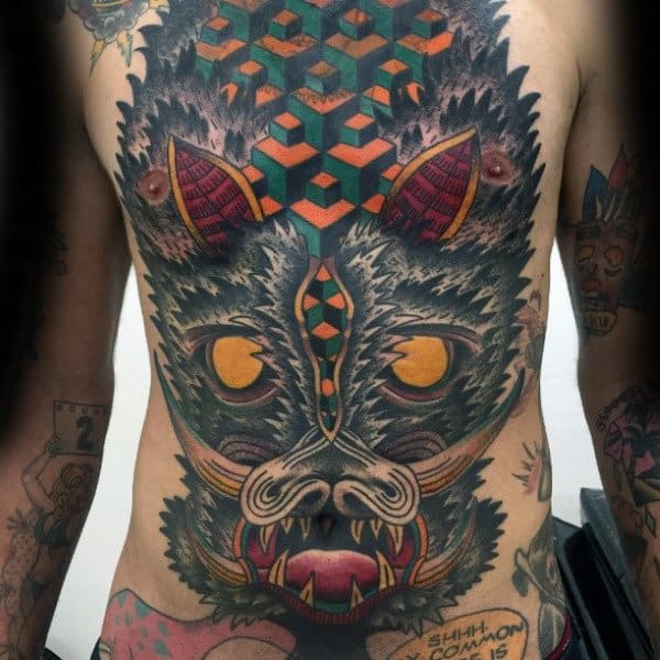 Geometric Pattern Boar Head Mens Full Chest Tattoo Ideas