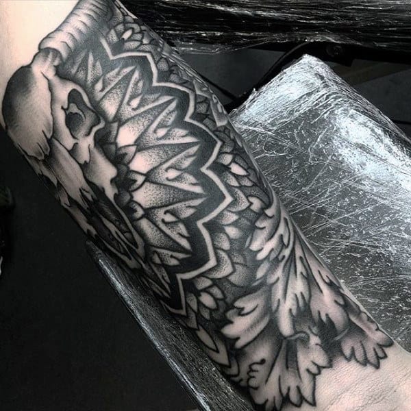 Geometric Pattern Bull Skull Quarter Forearm Guys Tattoo Sleeve