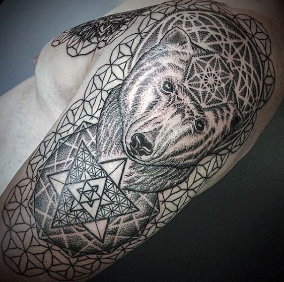 Geometric Pattern Dotwork Mens Polar Bear Sleeve Tattoo With Flower Of Life Design