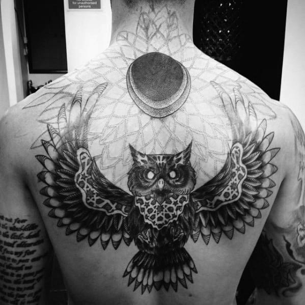 Geometric Pattern Owl With Moon Mens Back Tattoo