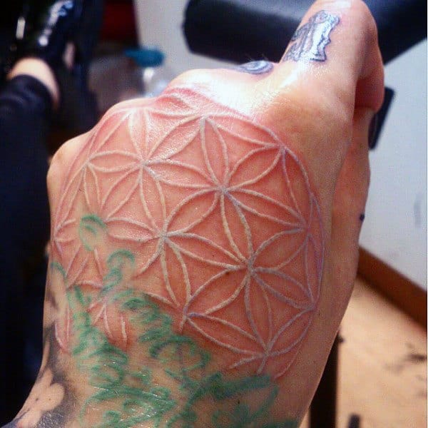 Geometric Pattern White Ink Guys Hand Tattoos