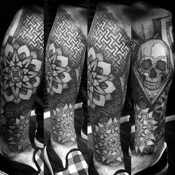 Geometric Pattern With Skull Awesome Mens Leg Sleeve Tattoos