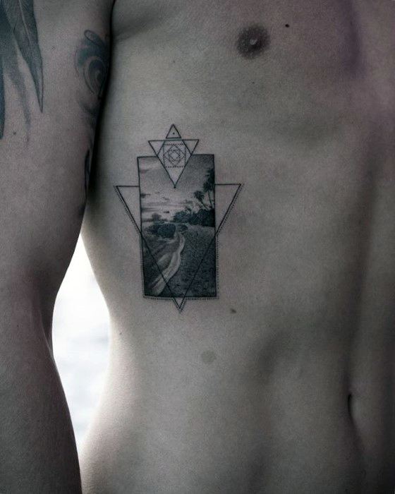 Geometric Realistic Small Beach Mens Rib Cage Side Tattoos