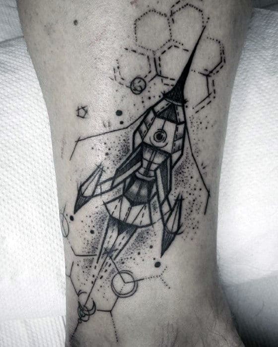 Geometric Rocket Ship Mens Small Lower Leg Tattoo