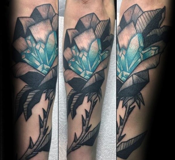 Geometric Rose With Crystals Mens Outer Forearm Tatto