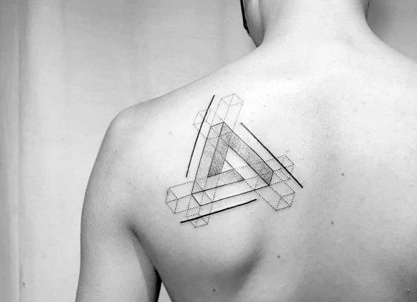 Geometric Shoulder Blade Male Tattoo With Penrose Triangle Design