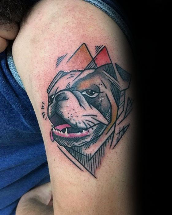 Geometric Sketched Guys Creative Bulldog Upper Arm Tattoo