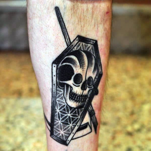 Geometric Skull Coffin Tattoo On Male