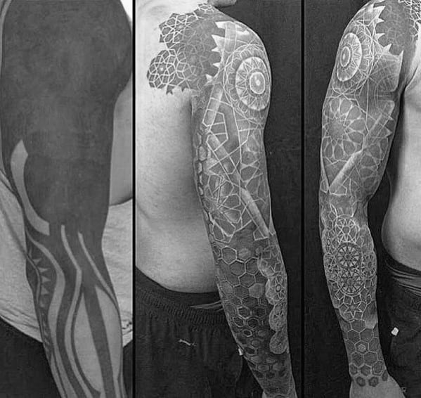 Geometric Sleeve Up Cover Male Tattoo Design Inspiration