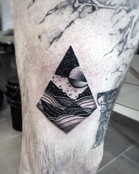 Geometric Small Detailed Nature Landscape With Moon Mens Thigh Tattoo
