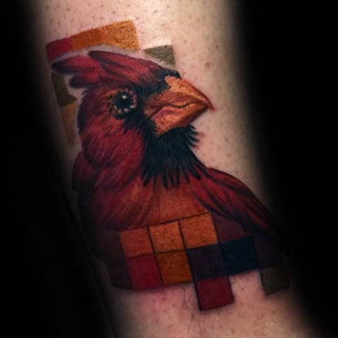 Geometric Square Cubes Red Cardinal Bird Mens Arm Tattoo