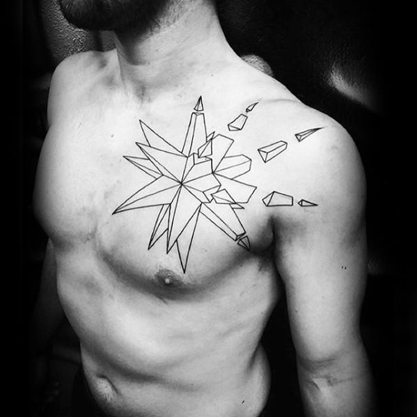 Geometric Star With Cool Black Ink Outline Design Mens Chest Tattoo