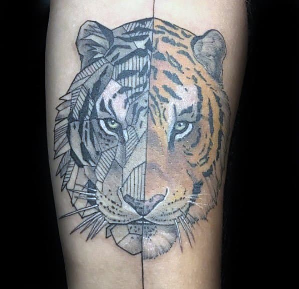 Split tiger tattoo design showing half realistic color and half geometric sketch style, blending art and nature on the upper arm.
