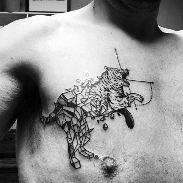 Geometric tiger tattoo transforming into a realistic form on a man's chest