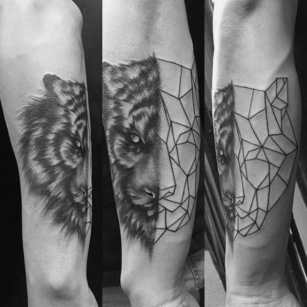 Forearm tattoo of a tiger’s face split into realistic shading and geometric linework, symbolizing the blend of nature and modern design.