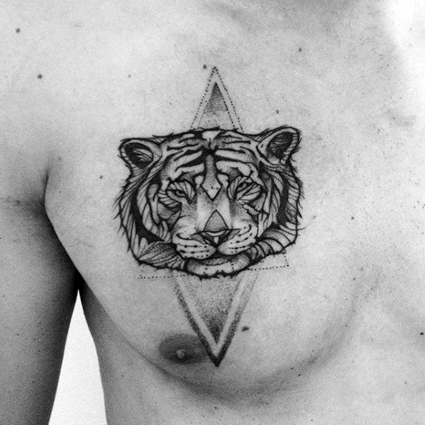 Chest tattoo of a tiger with realistic features and light geometric accents, set inside a triangle for a bold yet balanced design.