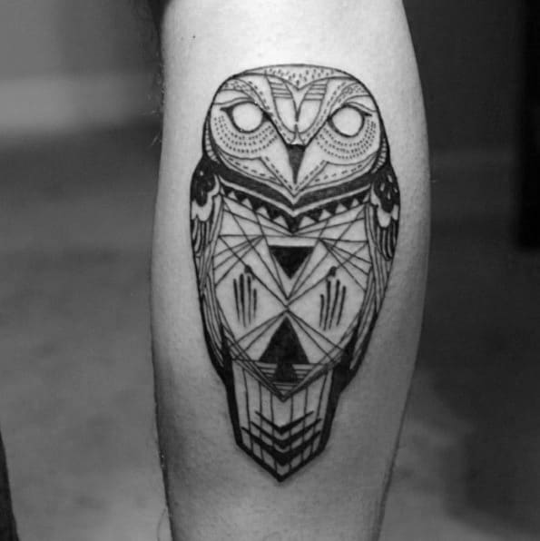 Geometric Tribal Owl Guys Leg Tattoo