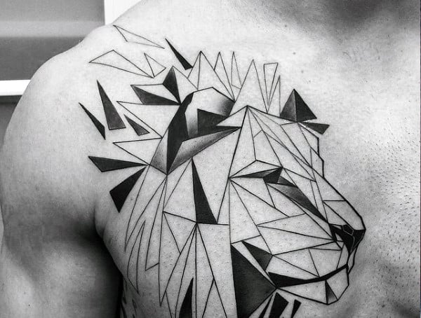Geometric tattoo of a lion on the chest, composed of sharp angular shapes and bold black lines, creating a modern and abstract design.