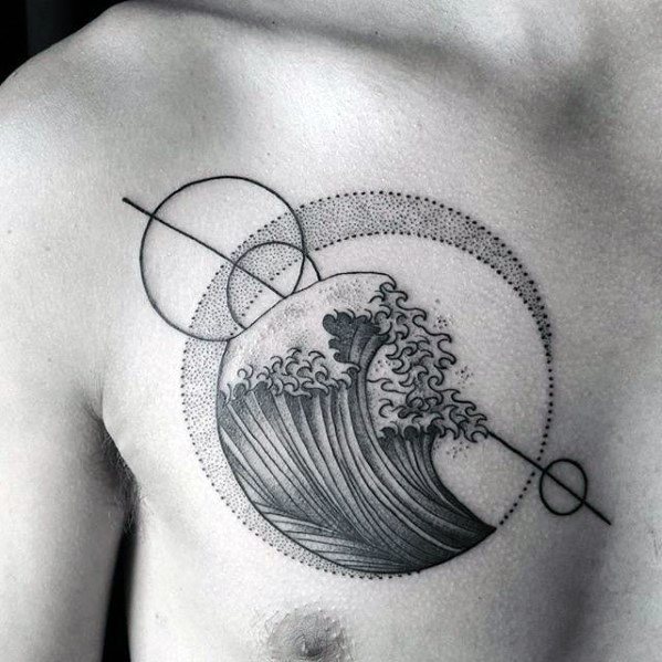 Geometric Upper Chest The Great Wave Circles Guys Tattoo Designs