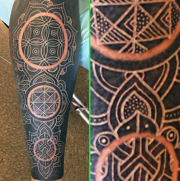 Geometric White Ink Cricle Sleeve Tattoo For Men On Leg
