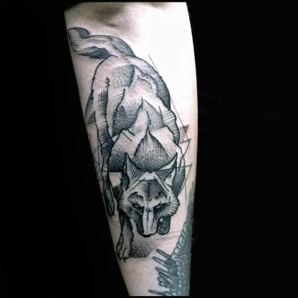 Geometric Wolf Body With Shaded Ink Male Arm Tattoo
