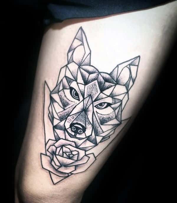 Geometric Wolf With Rose Flower Mens Thigh Tattoo
