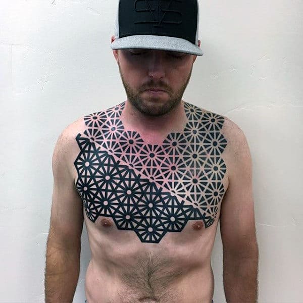 Geometrical Black Ink Pattern Artistic Guys Upper Chest Tattoos