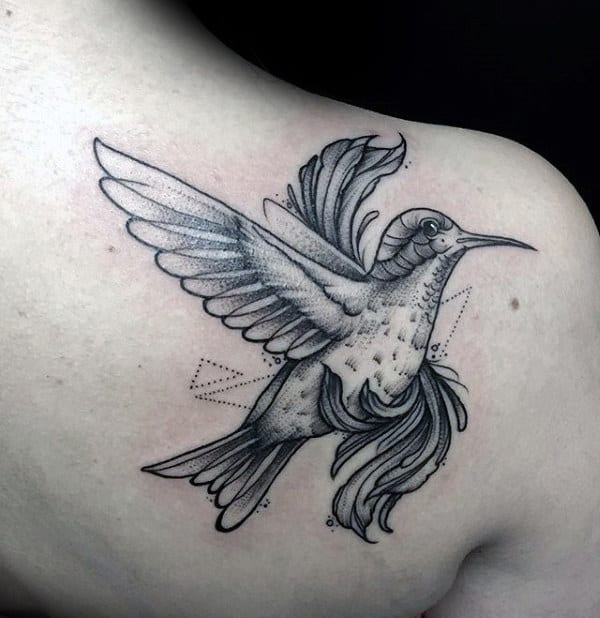 Geometrical Cool Mens Hummingbird Shoulder Tattoo Ideas