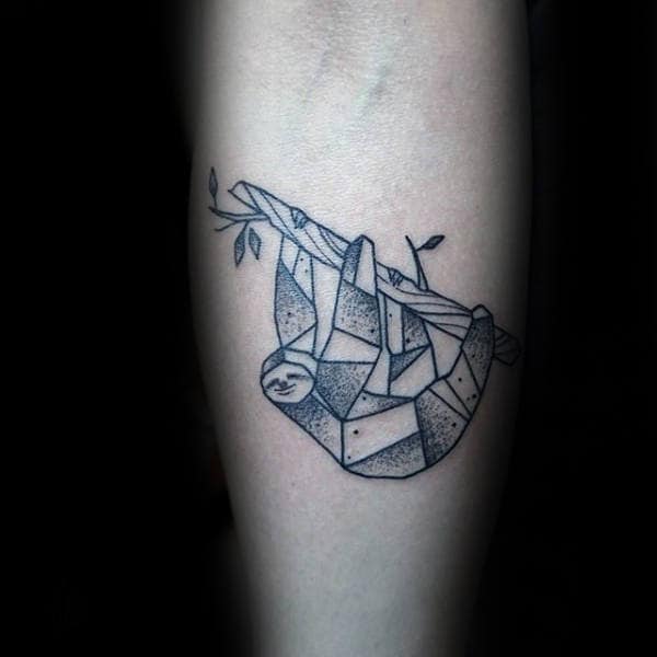 Geometrical Dotwork Sloth On A Tree Branch Male Small Inner Forearm Tattoos